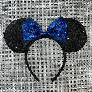 DISNEY Minnie Mouse Black Sequin Blue Bow Ears